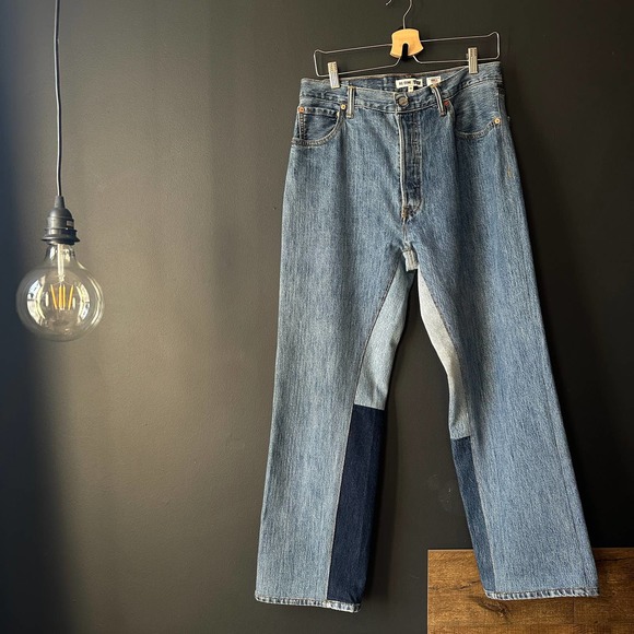 RE/DONE x LEVIS 70s Loose Flare Patchwork Jeans in Indigo Size 27
